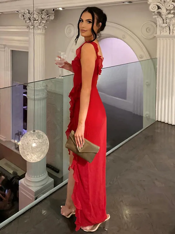 Blue Zone Planet |  Ava's High Slit Ruffle Bodycon Sling Floor-Length Dress