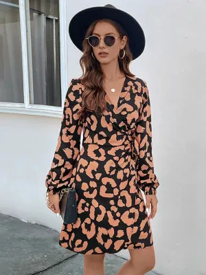 Blue Zone Planet |  Ava's Leopard Print Long Sleeve V-Neck Mini Dress