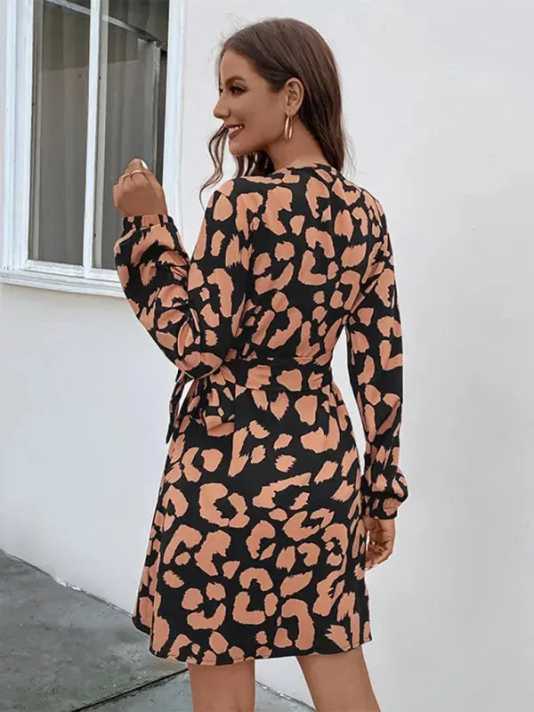 Blue Zone Planet |  Ava's Leopard Print Long Sleeve V-Neck Mini Dress