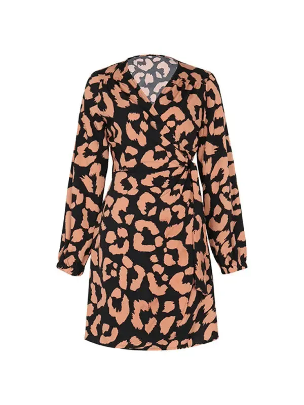 Blue Zone Planet |  Ava's Leopard Print Long Sleeve V-Neck Mini Dress