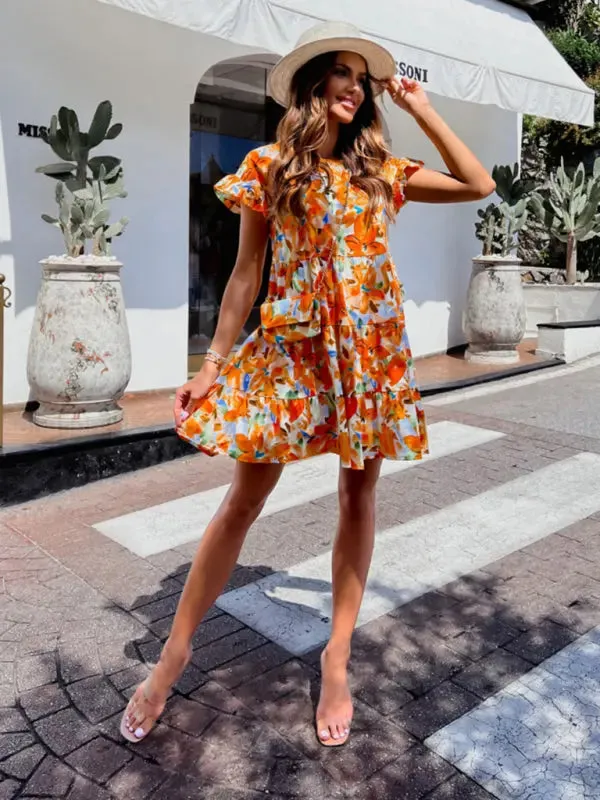 Blue Zone Planet |  Bella's Trumpet Sleeve Round Neck Printed Irregular Hem Mini Dress