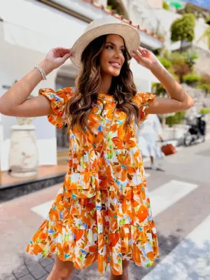 Blue Zone Planet |  Bella's Trumpet Sleeve Round Neck Printed Irregular Hem Mini Dress