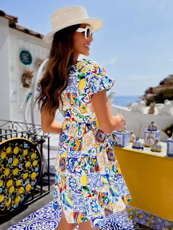 Blue Zone Planet |  Bella's Trumpet Sleeve Round Neck Printed Irregular Hem Mini Dress