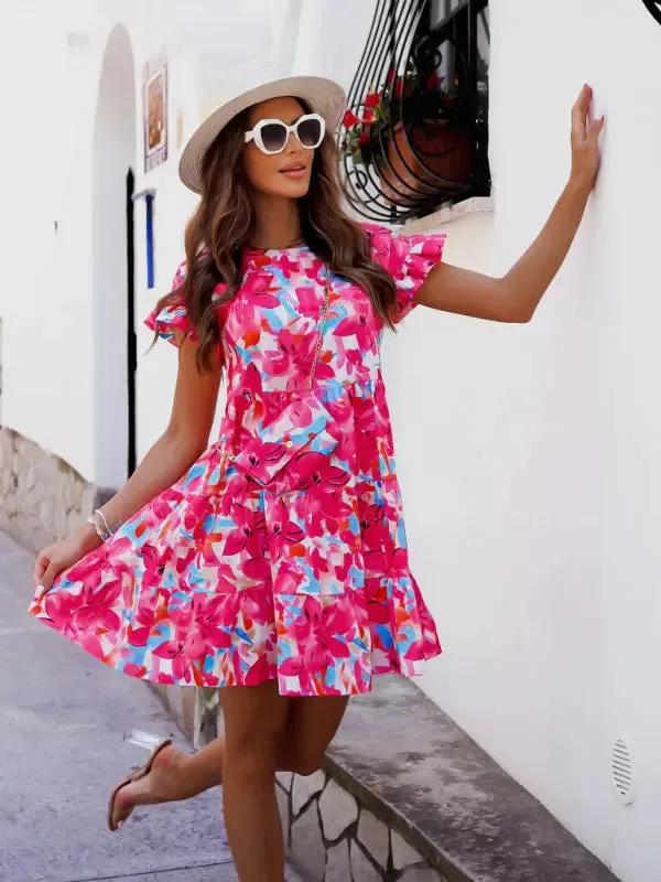 Blue Zone Planet |  Bella's Trumpet Sleeve Round Neck Printed Irregular Hem Mini Dress