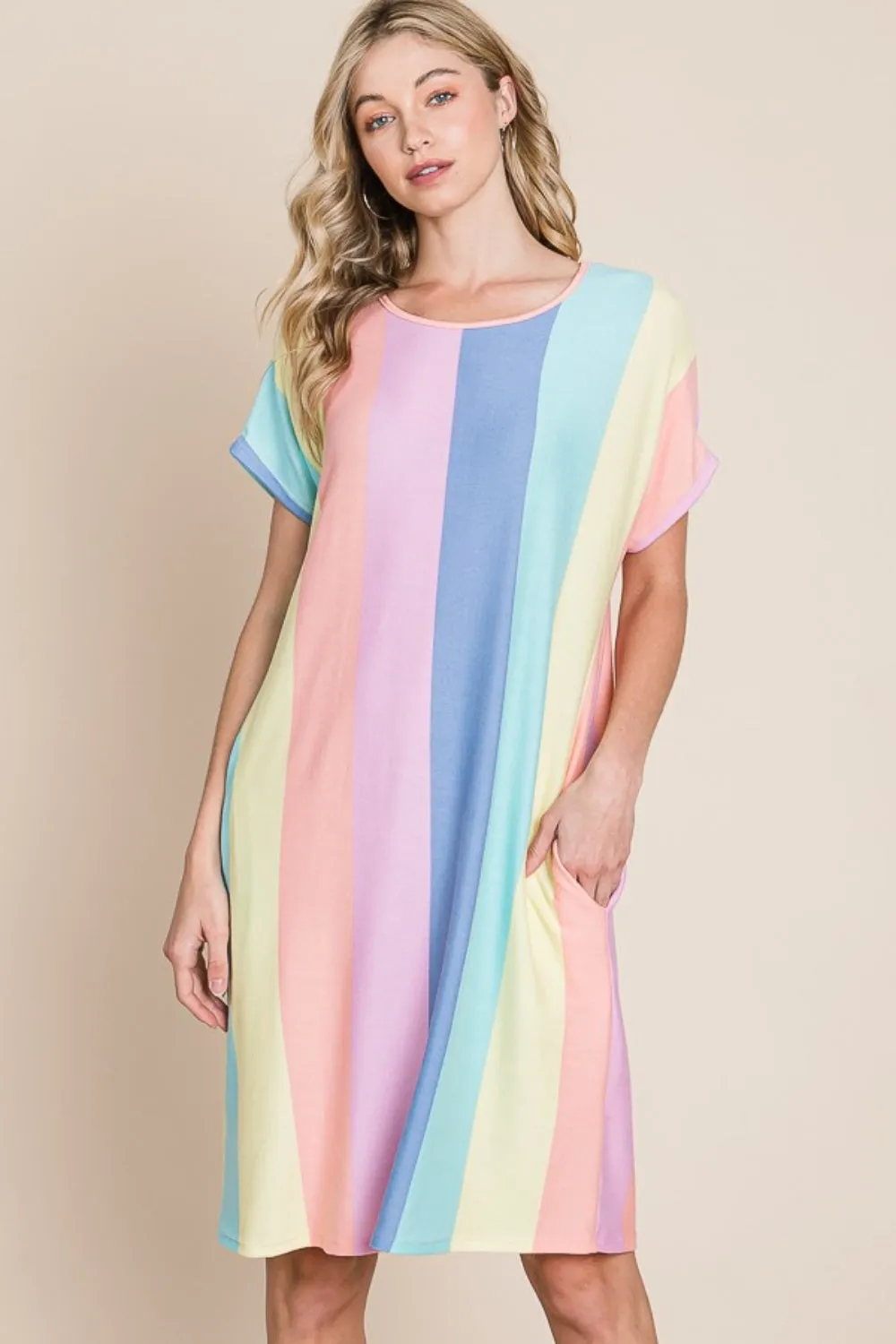 Blue Zone Planet |  BOMBOM Striped Short Sleeve Dress with Pockets