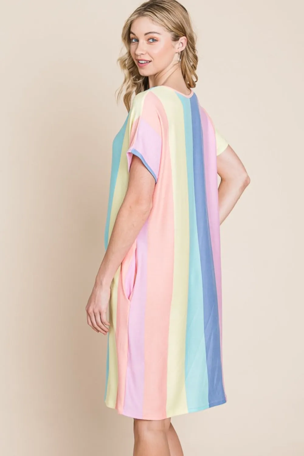 Blue Zone Planet |  BOMBOM Striped Short Sleeve Dress with Pockets