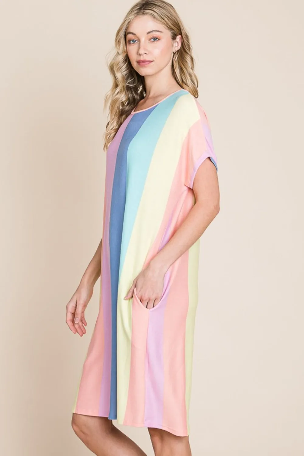 Blue Zone Planet |  BOMBOM Striped Short Sleeve Dress with Pockets