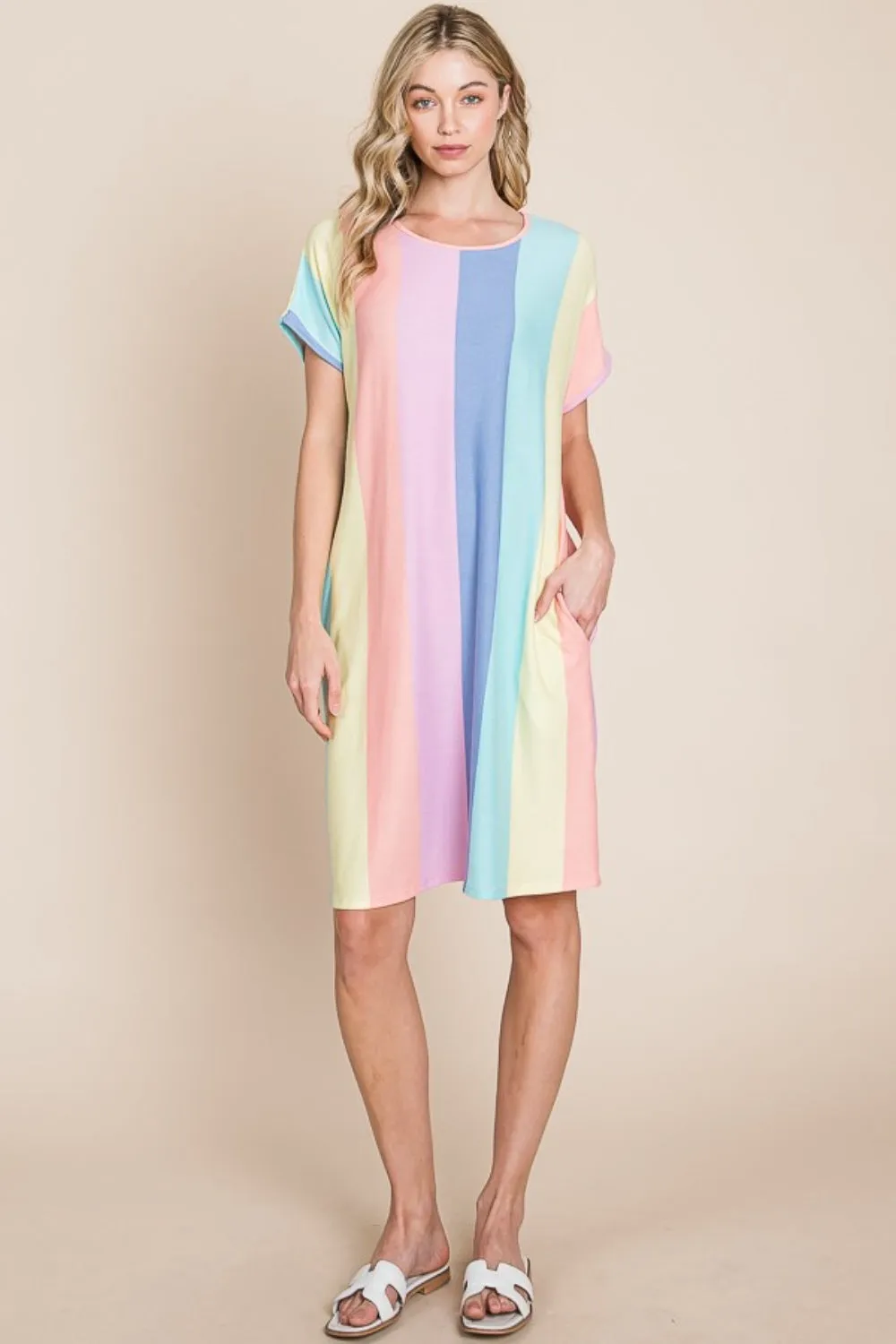 Blue Zone Planet |  BOMBOM Striped Short Sleeve Dress with Pockets