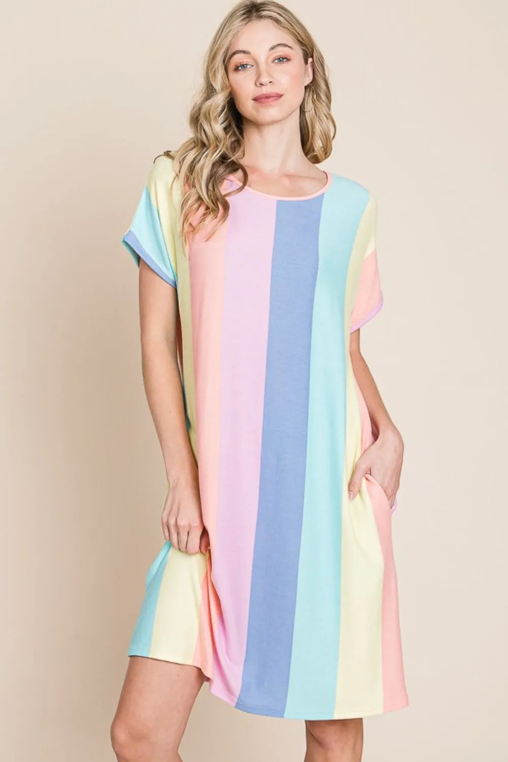 Blue Zone Planet |  BOMBOM Striped Short Sleeve Dress with Pockets