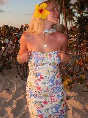 Blue Zone Planet |  Eva's Botanical Multicolor Print Halter Neck Maxi Dress