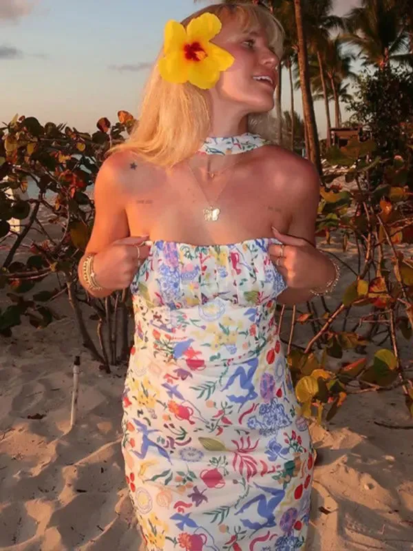 Blue Zone Planet |  Eva's Botanical Multicolor Print Halter Neck Maxi Dress
