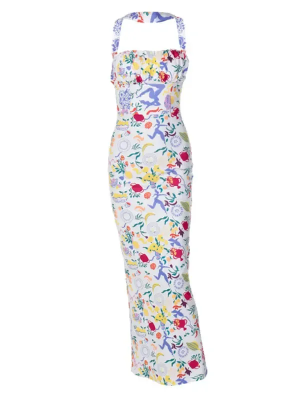Blue Zone Planet |  Eva's Botanical Multicolor Print Halter Neck Maxi Dress