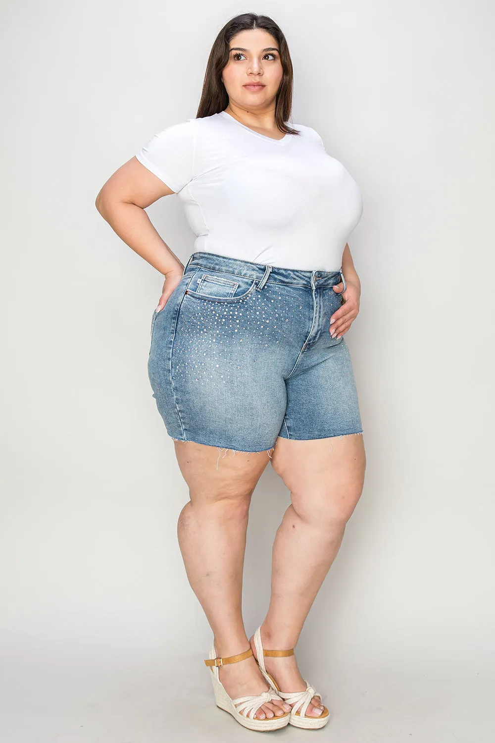 Blue Zone Planet |  Judy Blue Full Size High Waist Rhinestone Decor Denim Shorts