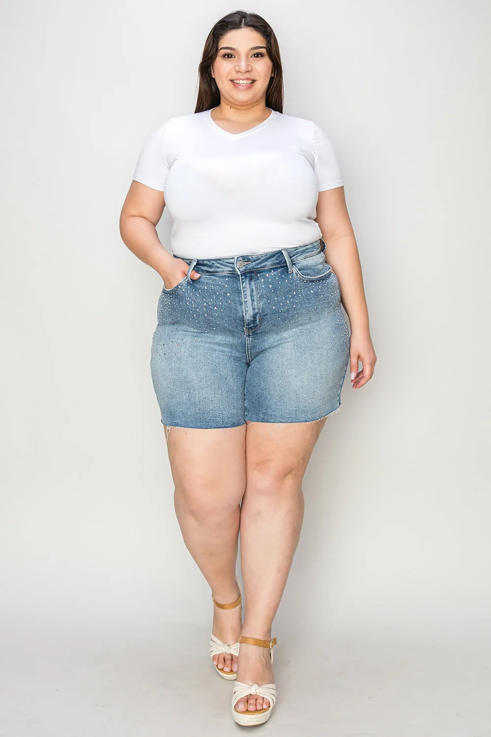 Blue Zone Planet |  Judy Blue Full Size High Waist Rhinestone Decor Denim Shorts