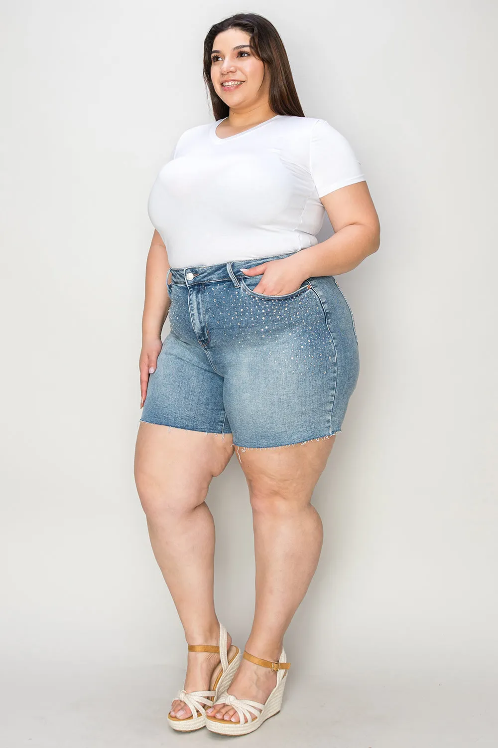Blue Zone Planet |  Judy Blue Full Size High Waist Rhinestone Decor Denim Shorts