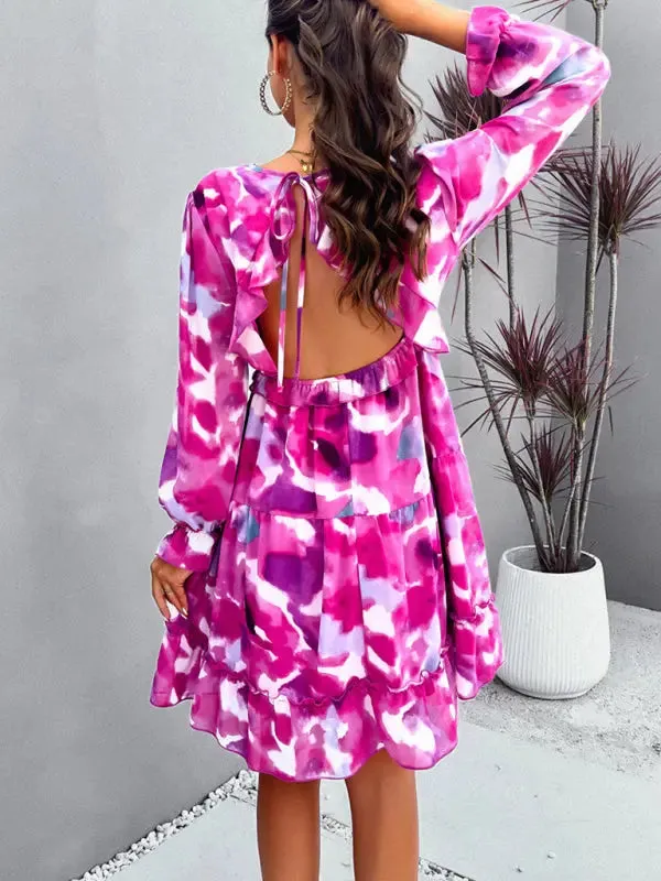 Blue Zone Planet |  Lilly's floral printed V-neck long-sleeved knee-length dress