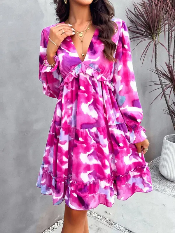 Blue Zone Planet |  Lilly's floral printed V-neck long-sleeved knee-length dress