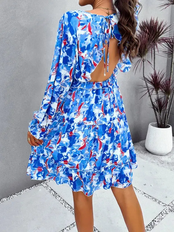 Blue Zone Planet |  Lilly's floral printed V-neck long-sleeved knee-length dress