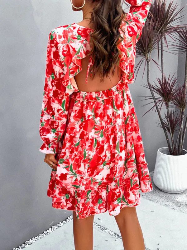 Blue Zone Planet |  Lilly's floral printed V-neck long-sleeved knee-length dress