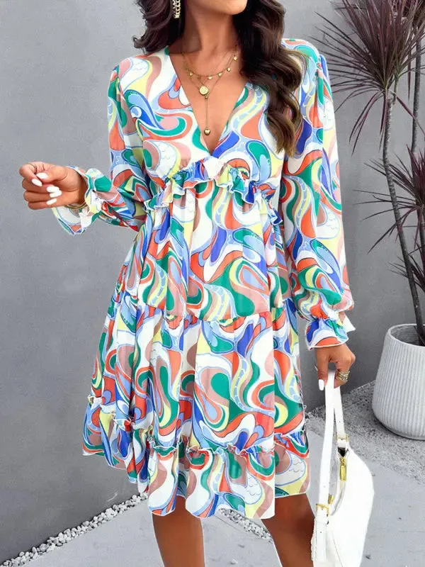 Blue Zone Planet |  Lilly's floral printed V-neck long-sleeved knee-length dress