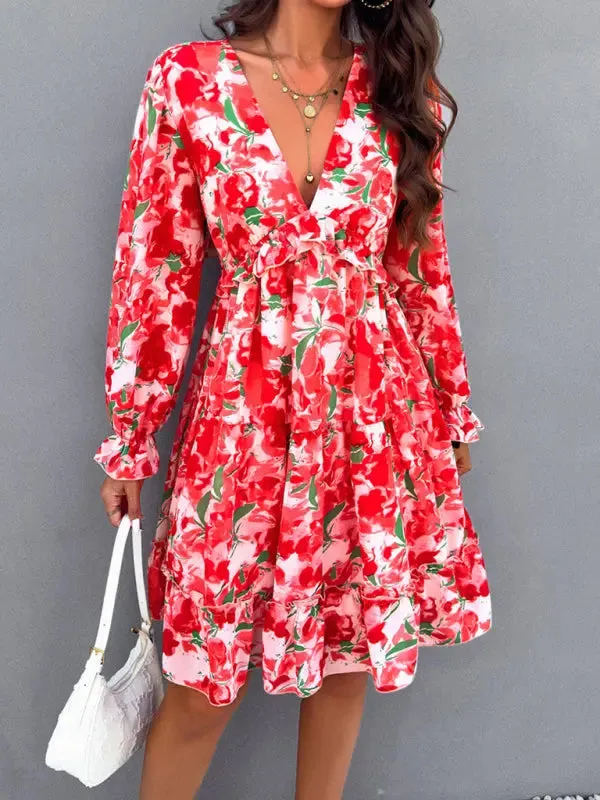 Blue Zone Planet |  Lilly's floral printed V-neck long-sleeved knee-length dress