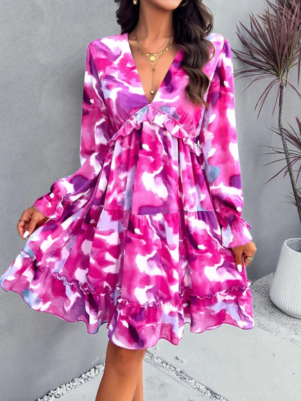 Blue Zone Planet |  Lilly's floral printed V-neck long-sleeved knee-length dress