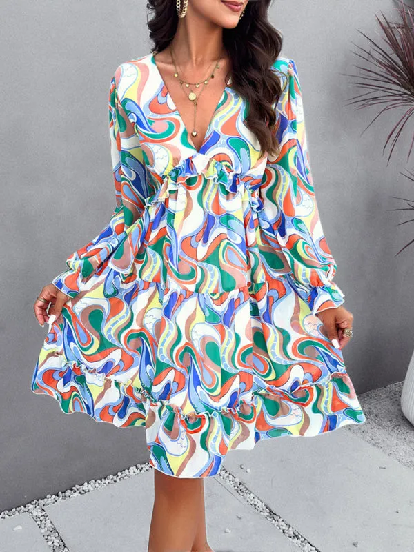 Blue Zone Planet |  Lilly's floral printed V-neck long-sleeved knee-length dress