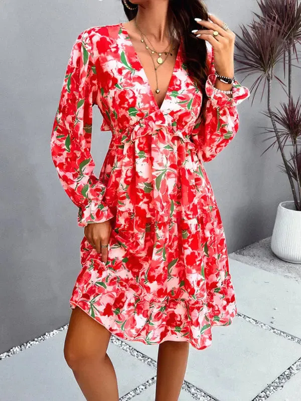 Blue Zone Planet |  Lilly's floral printed V-neck long-sleeved knee-length dress
