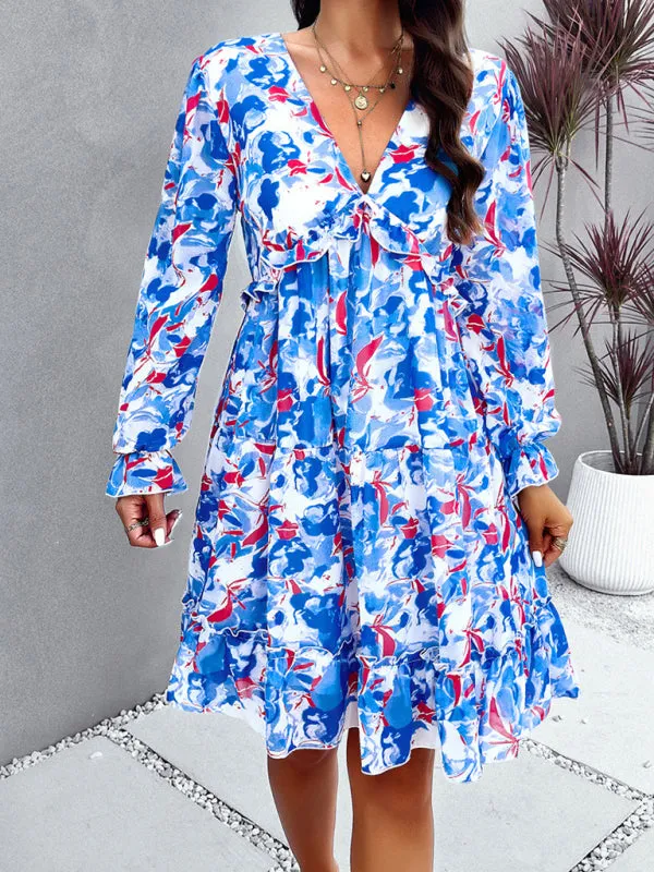 Blue Zone Planet |  Lilly's floral printed V-neck long-sleeved knee-length dress