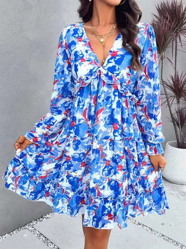 Blue Zone Planet |  Lilly's floral printed V-neck long-sleeved knee-length dress