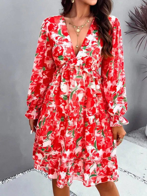 Blue Zone Planet |  Lilly's floral printed V-neck long-sleeved knee-length dress