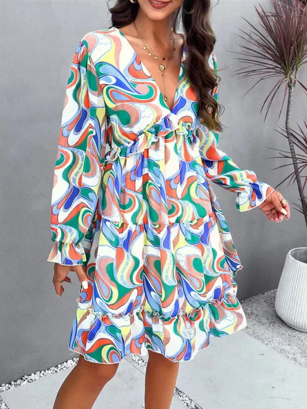 Blue Zone Planet |  Lilly's floral printed V-neck long-sleeved knee-length dress