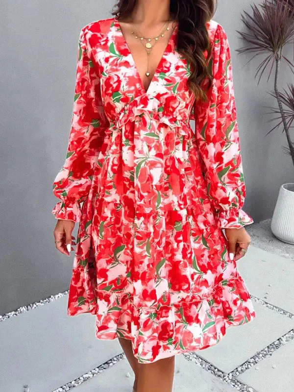 Blue Zone Planet |  Lilly's floral printed V-neck long-sleeved knee-length dress