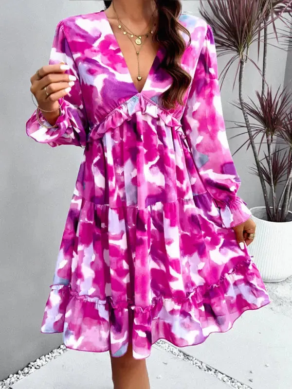 Blue Zone Planet |  Lilly's floral printed V-neck long-sleeved knee-length dress