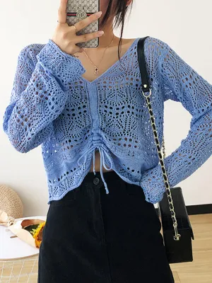 Blue Zone Planet |  Long-sleeved mesh summer top drawstring hollow V-neck blouse thin section