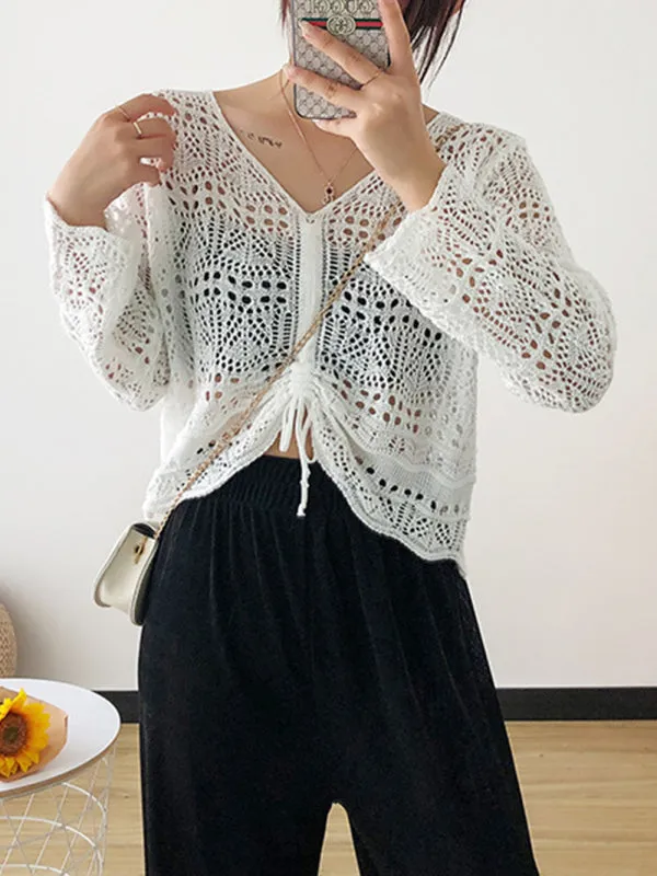 Blue Zone Planet |  Long-sleeved mesh summer top drawstring hollow V-neck blouse thin section