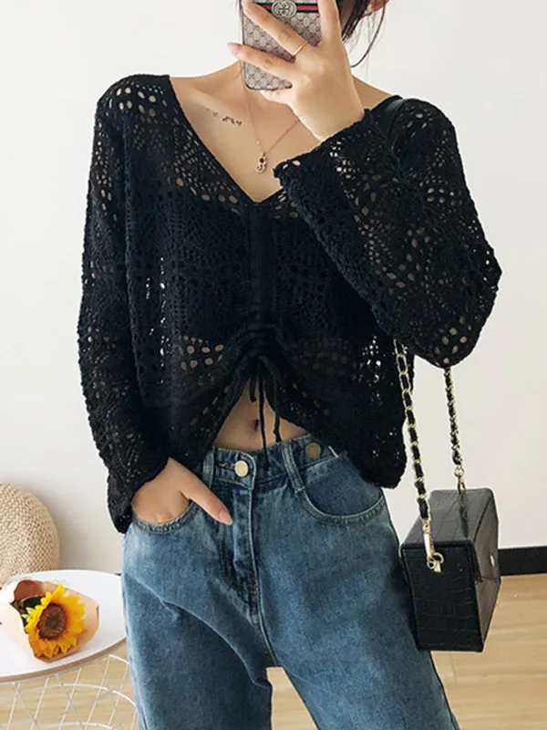 Blue Zone Planet |  Long-sleeved mesh summer top drawstring hollow V-neck blouse thin section