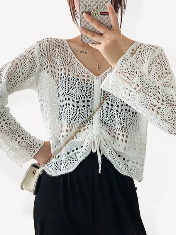 Blue Zone Planet |  Long-sleeved mesh summer top drawstring hollow V-neck blouse thin section