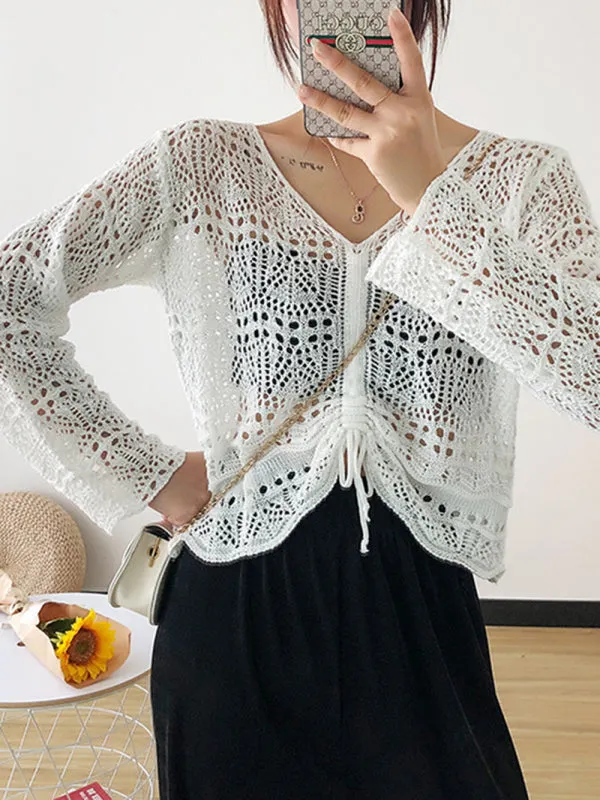 Blue Zone Planet |  Long-sleeved mesh summer top drawstring hollow V-neck blouse thin section
