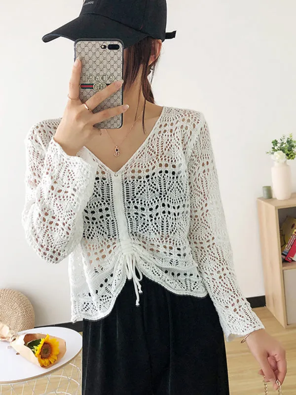 Blue Zone Planet |  Long-sleeved mesh summer top drawstring hollow V-neck blouse thin section