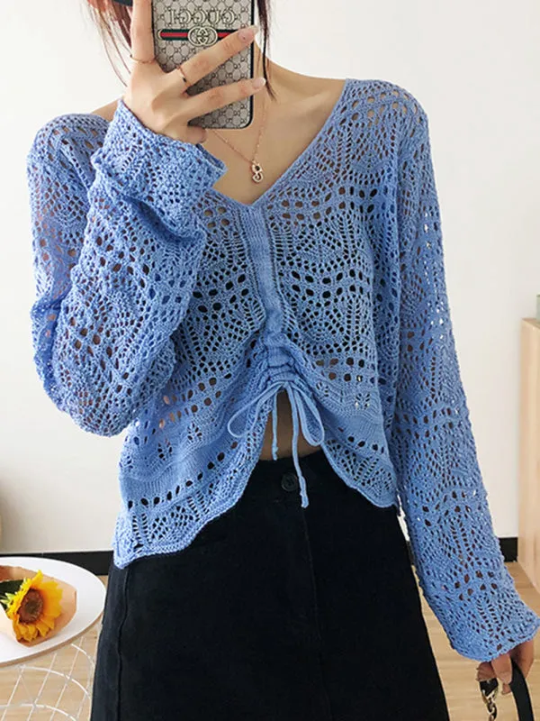 Blue Zone Planet |  Long-sleeved mesh summer top drawstring hollow V-neck blouse thin section