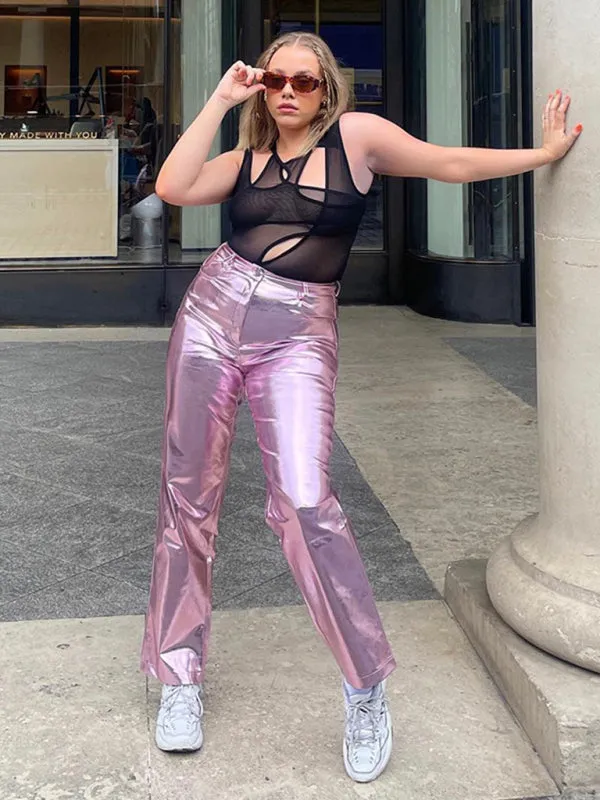 Blue Zone Planet |  Mia's Metallic Candy Color High Waist PU Leather Pants
