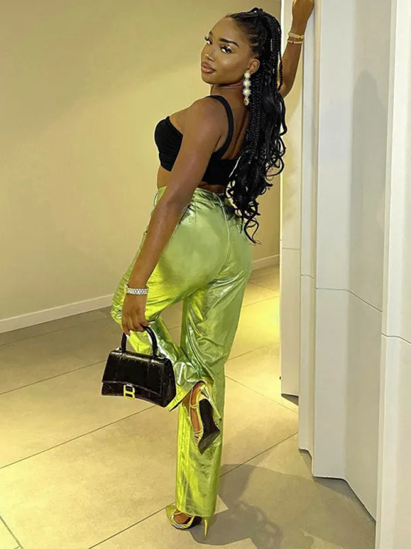 Blue Zone Planet |  Mia's Metallic Candy Color High Waist PU Leather Pants