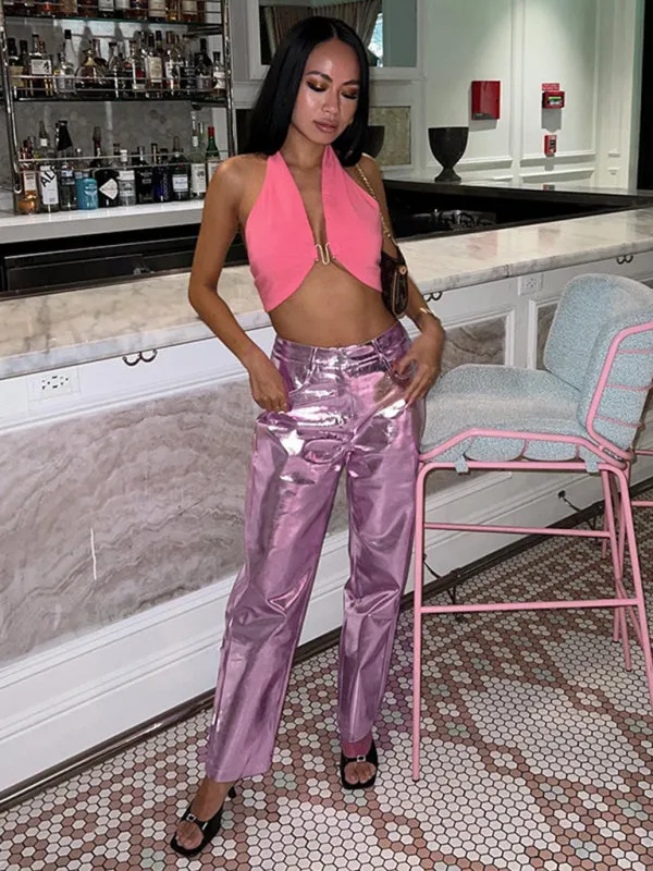 Blue Zone Planet |  Mia's Metallic Candy Color High Waist PU Leather Pants