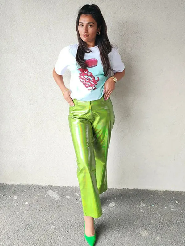 Blue Zone Planet |  Mia's Metallic Candy Color High Waist PU Leather Pants