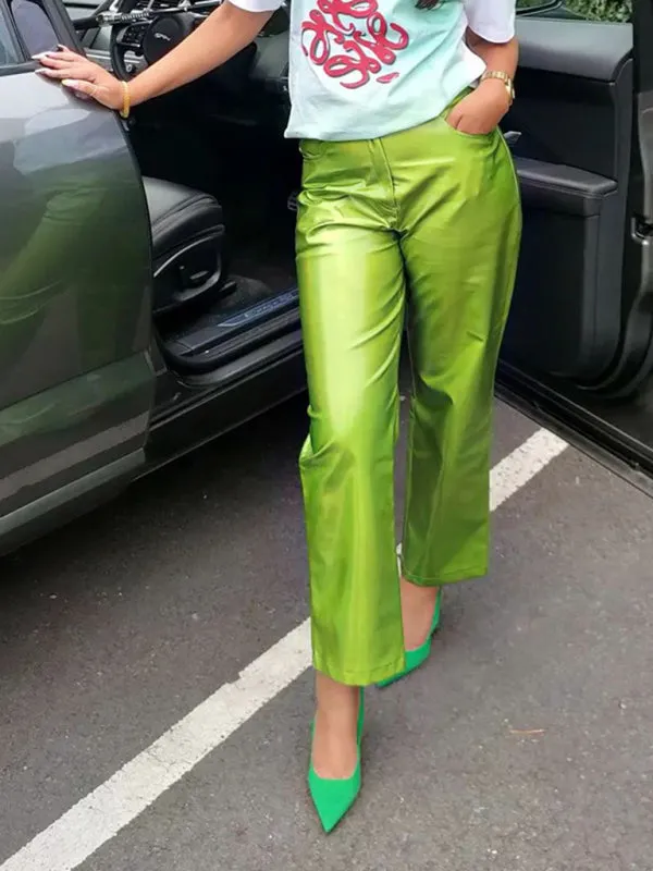 Blue Zone Planet |  Mia's Metallic Candy Color High Waist PU Leather Pants