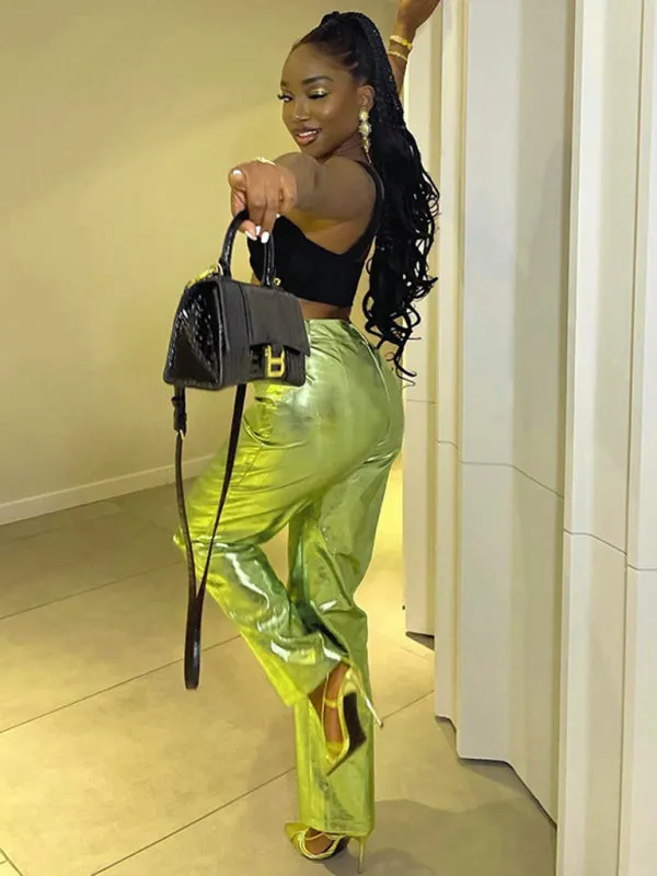 Blue Zone Planet |  Mia's Metallic Candy Color High Waist PU Leather Pants