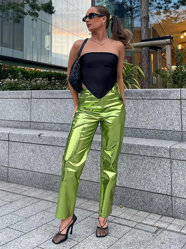 Blue Zone Planet |  Mia's Metallic Candy Color High Waist PU Leather Pants