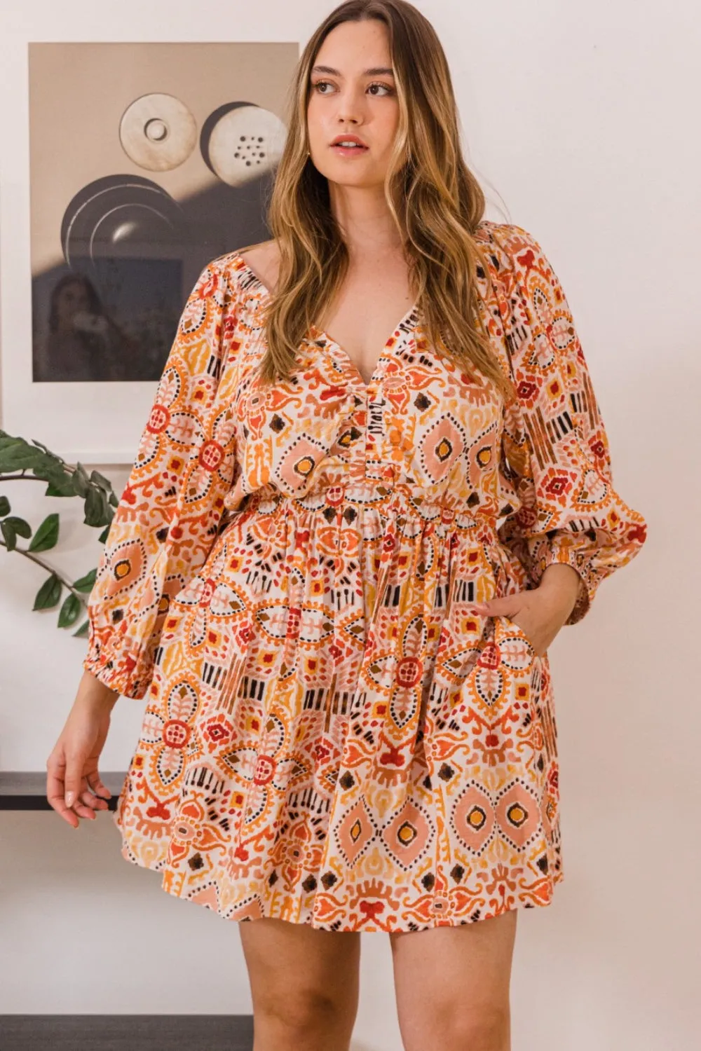 Blue Zone Planet |  ODDI Full Size Printed Ruff Sleeve Romper with Pockets