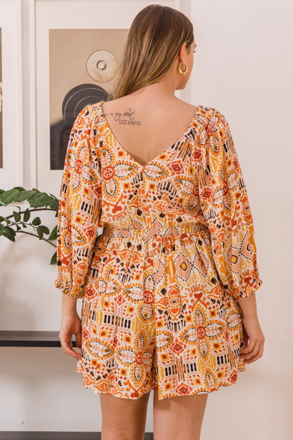 Blue Zone Planet |  ODDI Full Size Printed Ruff Sleeve Romper with Pockets